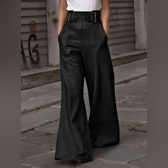 Passion of Essence Pants - Black Wide-Leg Faux Leather Pants